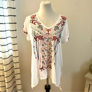 Johnny Was White Short Sleeve Paisley Floral Embroidered Blouse Size XL